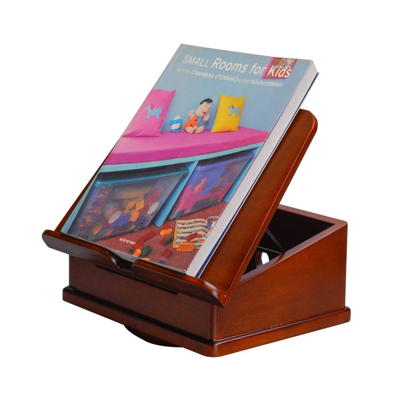 Art Lins Wooden Book Stand for Cookbook Textbook and Tablet, Adjustable Angles, Spacious Storage Case, Carousel Base (Dark Cherry) - Image 3